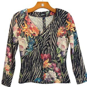 Sfoxi Zebra Print Floral Cardigan Wool Angora Blend Cardigan Vintage Inspired S